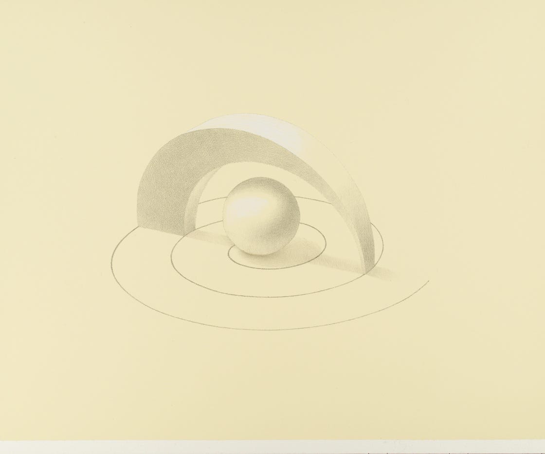 Three-part Invention No. 1 (Nautilus), 2022, silverpoint and palladiumpoint with white gouache on prepared paper, 10 x 12 1/2 inches