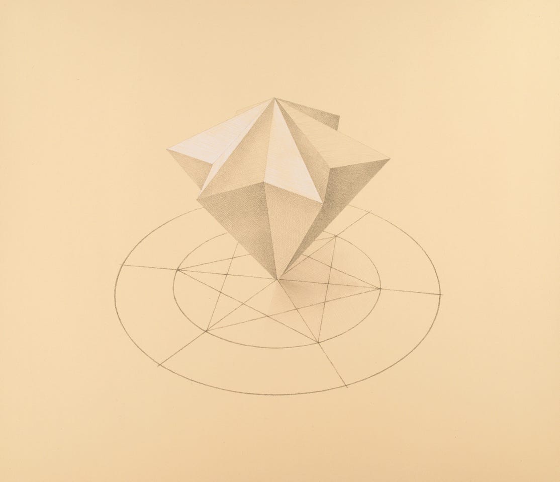 Three-part Invention No. 10 (Crystalline Entity), 2022, silverpoint, palladiumpoint, and goldpoint with white gouache on prepared paper, 12 3/4  x 14 1/4 inches