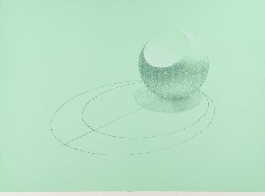 Three-part Invention No. 4 (Truncated Sphere), 2022, silverpoint and palladiumpoint with white gouache on prepared paper, 11 x 15 inches