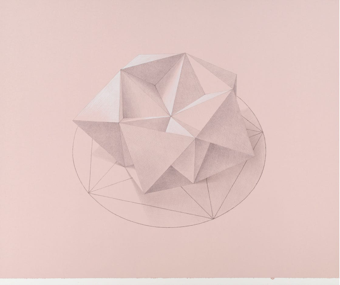 Three-part Invention No. 16 (Pentatetrahemihexahedron), 2022, silverpoint and palladiumpoint with white gouache on prepared paper, 10 7/8 x 13 inches