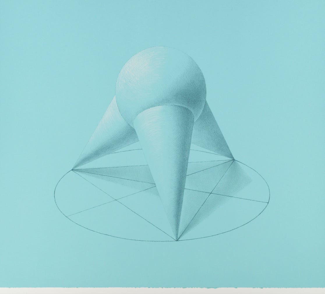 Three-part Invention No. 13 (Tripod), 2022, silverpoint and palladiumpoint with white gouache  on prepared paper, 11 x 12 inches