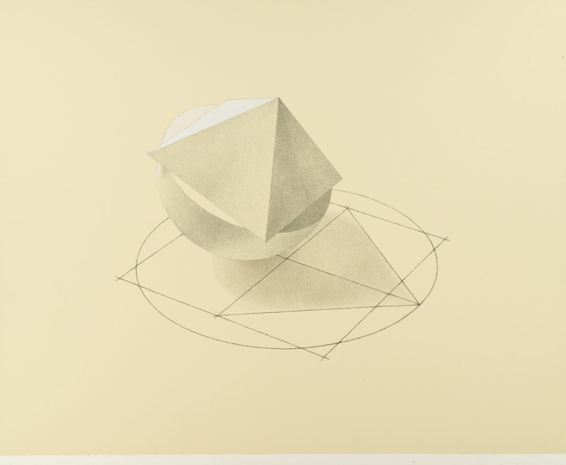 Three-Part Invention No. 14 (Geodetic), 2022, silverpoint and palladiumpoint with white gouache on prepared paper, 10 7/8 x 13 1/4 inches