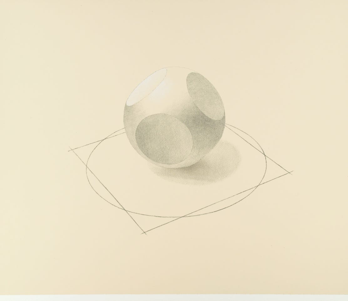 Three-part Invention No. 17 (Squaring the Sphere), 2022, silverpoint and palladiumpoint with white gouache on prepared paper, 10  x 12 inches