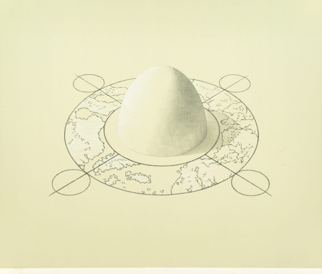 Omphalos, 2023, metalpoint with white gouache on prepared paper, 10 3/4  x 12 1/2 inches